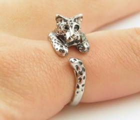 Leopard Animal Wrap Ring - Shiny Silver
