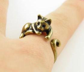 Lazy Cat Animal Wrap Ring - Gold