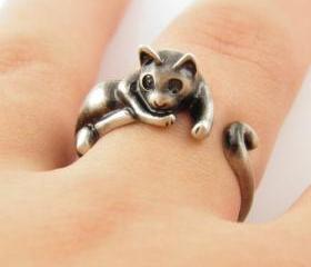 Lazy Cat Animal Wrap Ring - Silver
